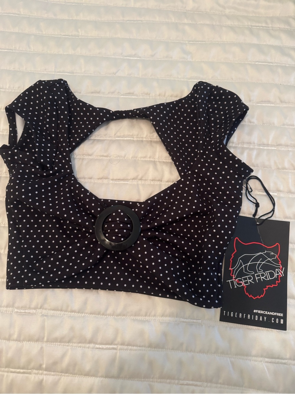 Tiger Friday Black Polka Dot Ring-Front Cutout Crop Top